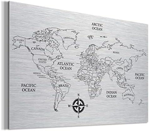 מותגי Bulljive Premium Metal Silver Silver World Mape Art קיר | 5 גדלים גדולים עד קטנים | עיצוב מפות עולמי